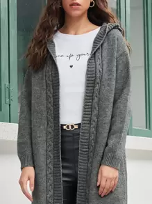 SHEIN Cable Knit Hooded Cardigan - Dark Grey - View 3