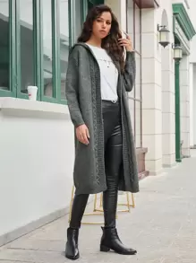 SHEIN Cable Knit Hooded Cardigan - Dark Grey - View 4