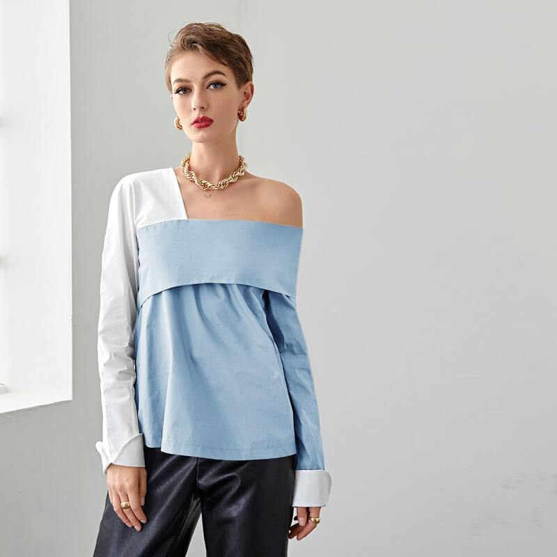 

Asymmetrical Neck Two Tone Combo Top, Baby blue