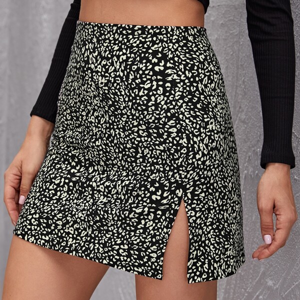 

Zip Back Split Side Leopard Skirt, Multicolor