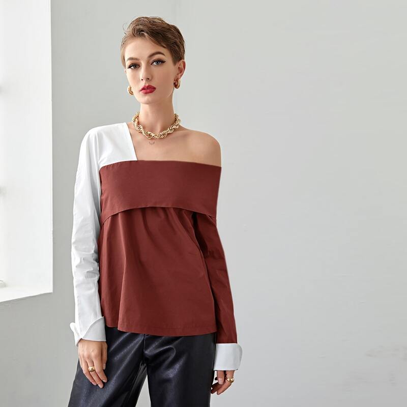 

Asymmetrical Neck Two Tone Combo Top, Redwood