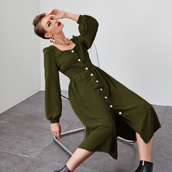 

Button Front Lantern Sleeve Dress, Army green