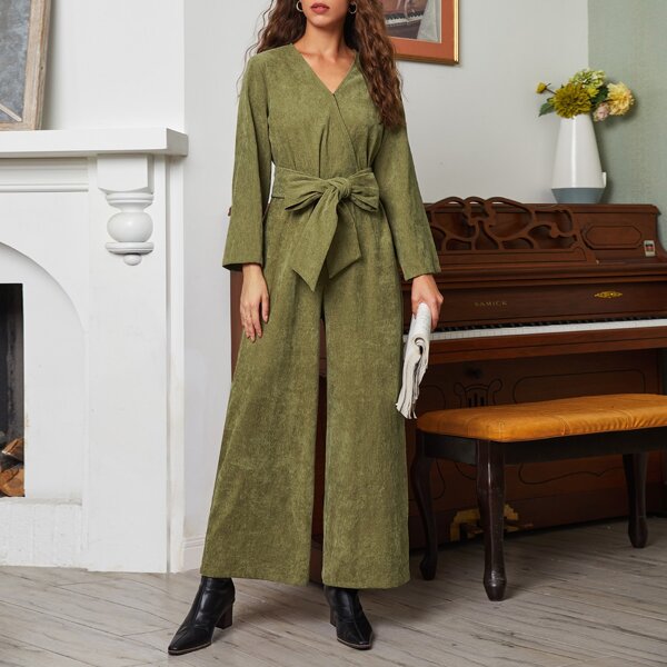 

Surplice Neck Self Belted Cord Jumpsuit, Army green