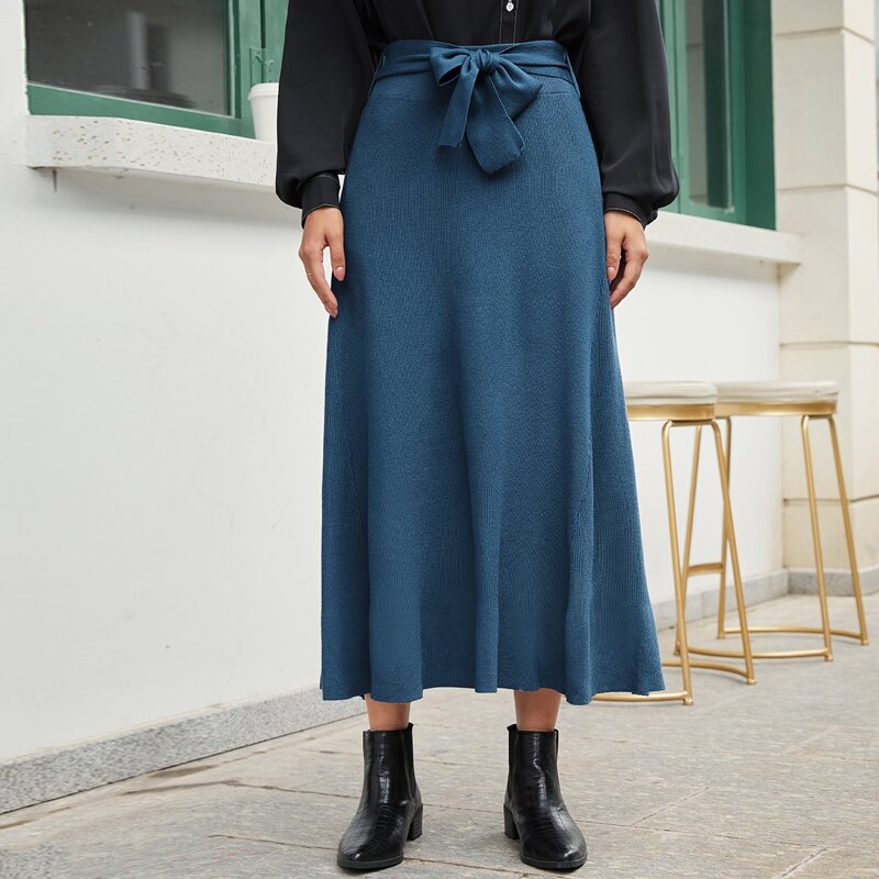 

Self Belted Ribbed Skirt, Dusty blue