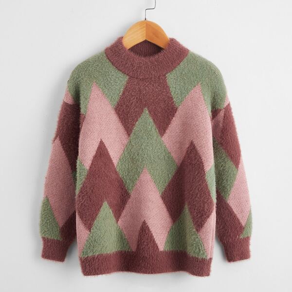 

Girls Geo Pattern Mock Neck Sweater, Multicolor