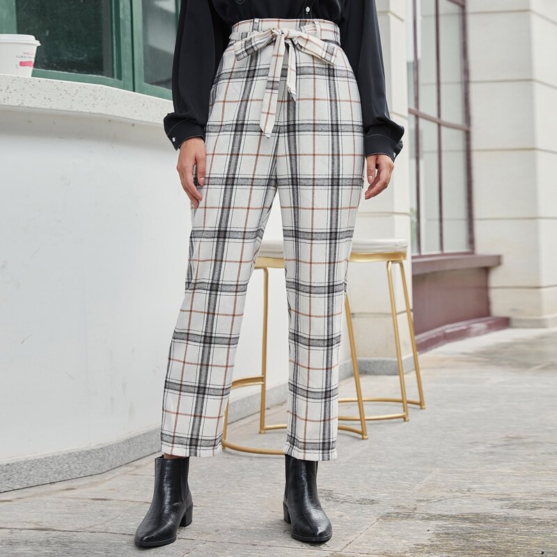 

Self Belted Plaid Pants, Beige