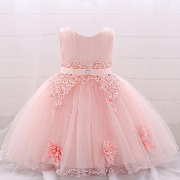 

Toddler Girls Contrast Lace Floral Appliques Gown Dress, Baby pink