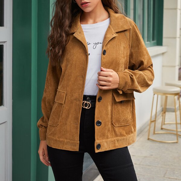 

Raglan Sleeve Pocket Front Cord Jacket, Brown