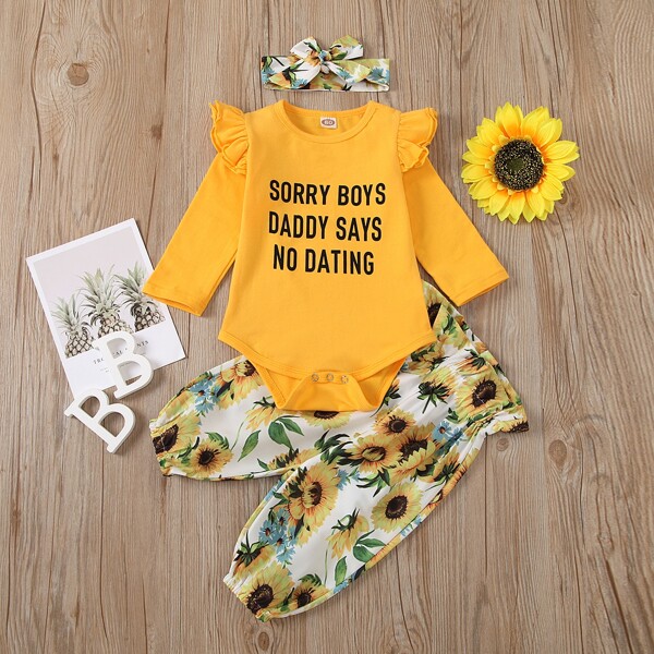 

Baby Girl Slogan Graphic Bodysuit & Sunflower Pants & Headband, Multicolor