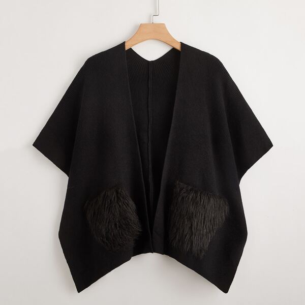 

Plus Slit Hem Faux Fur Detail Cardigan, Black