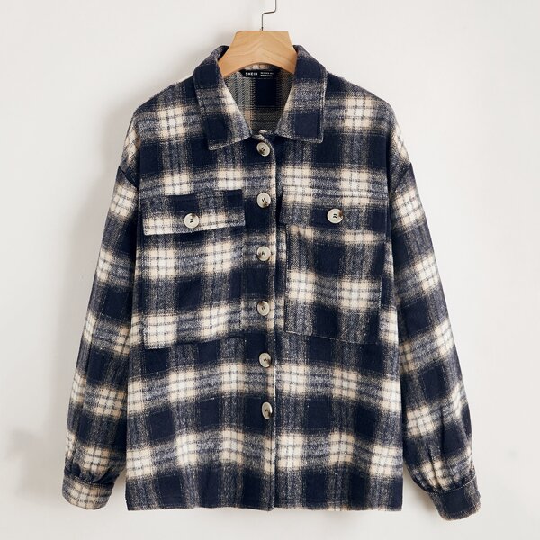 

Button Front Flap Pocket Plaid Coat, Multicolor
