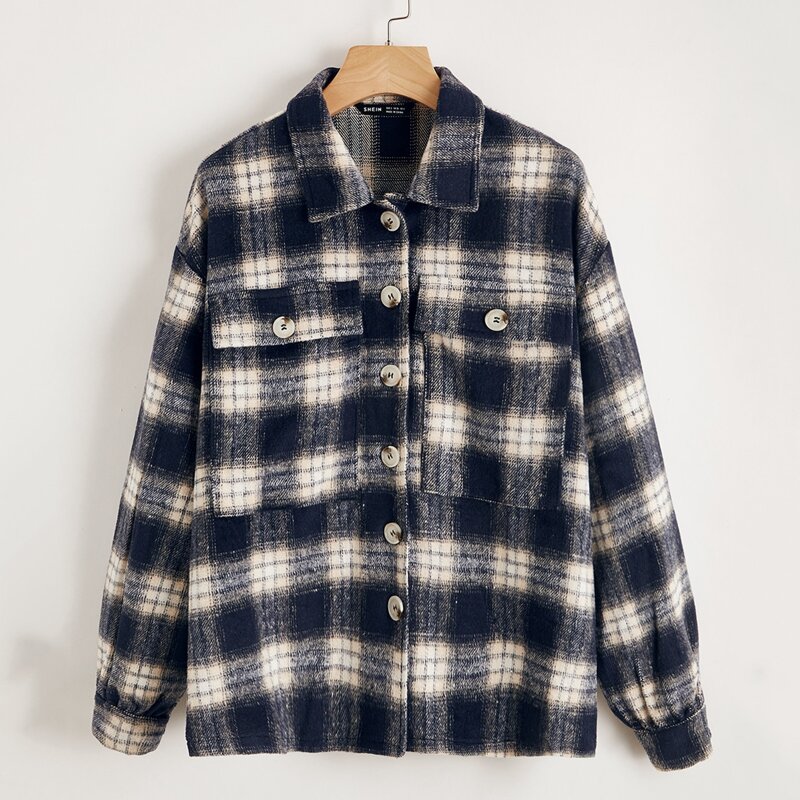 

Button Front Flap Pocket Plaid Coat, Multicolor
