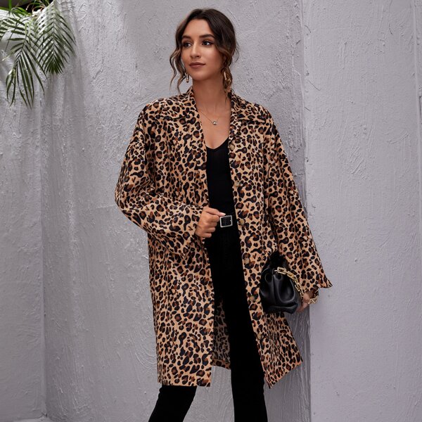 

Button Front Drop Shoulder Leopard Oversized Coat, Multicolor