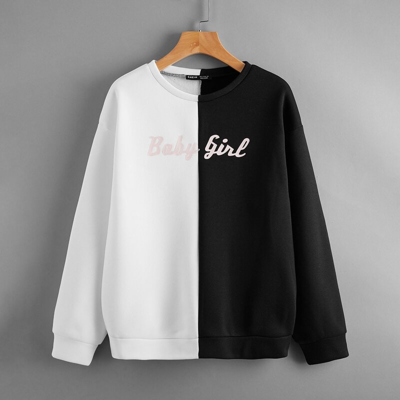 

Letter Graphic Colorblock Drop Shoulder Pullover, Black and white
