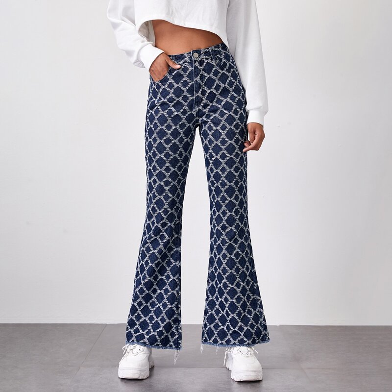 

High Waist Raw Hem Plaid Flare Leg Jeans, Multicolor