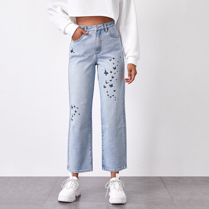 

High Waist Butterfly Print Straight Leg Jeans, Light wash