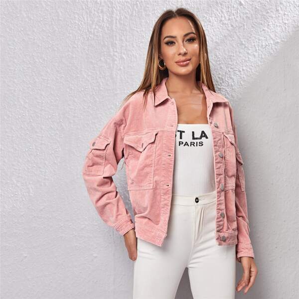 

Button Front Patch Pocket Cord Jacket, Baby pink