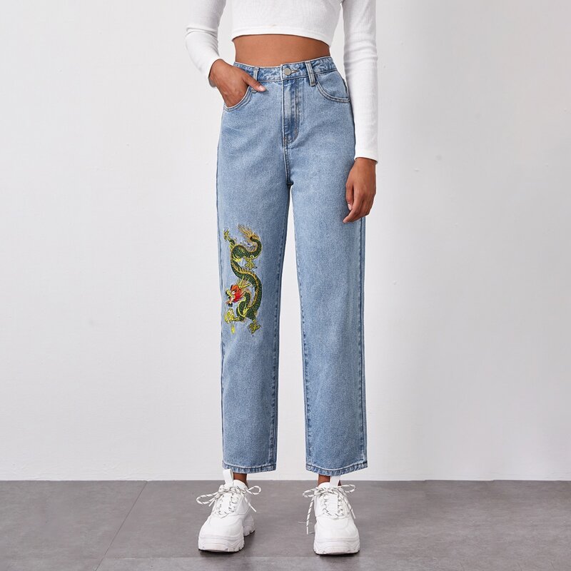 

Chinese Dragon Embroidery Straight Leg Jeans, Light wash