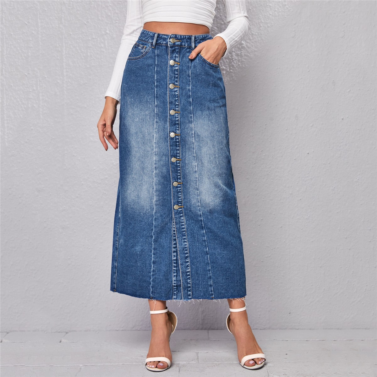 Image of Bleach Wash Button Front Raw Hem Denim Skirt