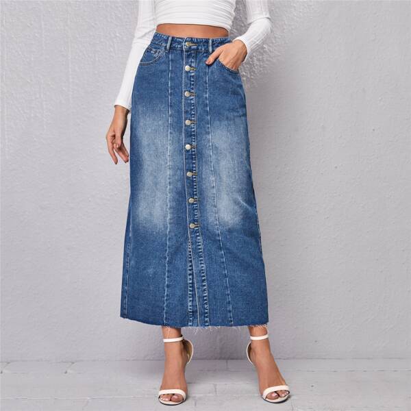 

Bleach Wash Button Front Raw Hem Denim Skirt, Medium wash