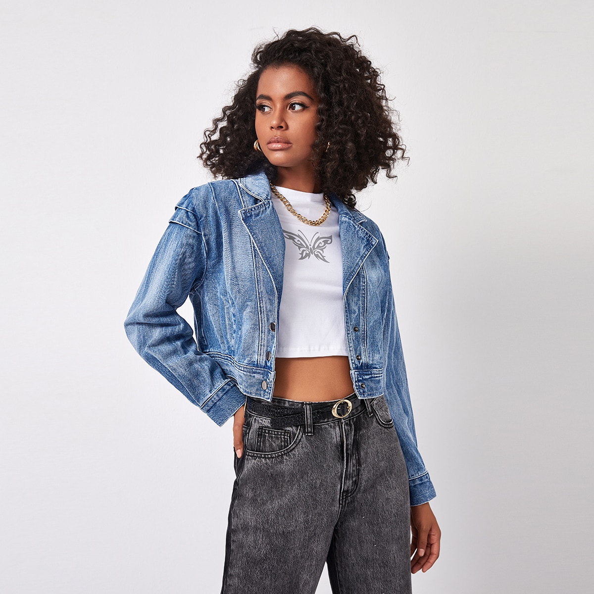 Image of Button Front Crop Denim Jacket
