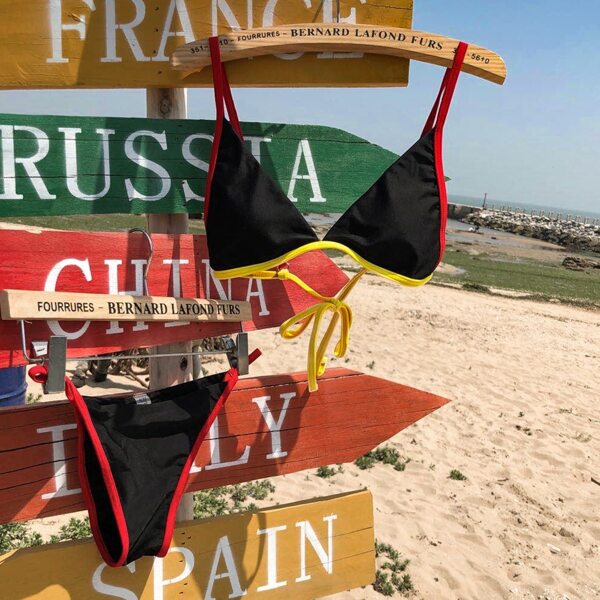 

Contrast Binding Triangle Thong Bikini Swimsuit, Black