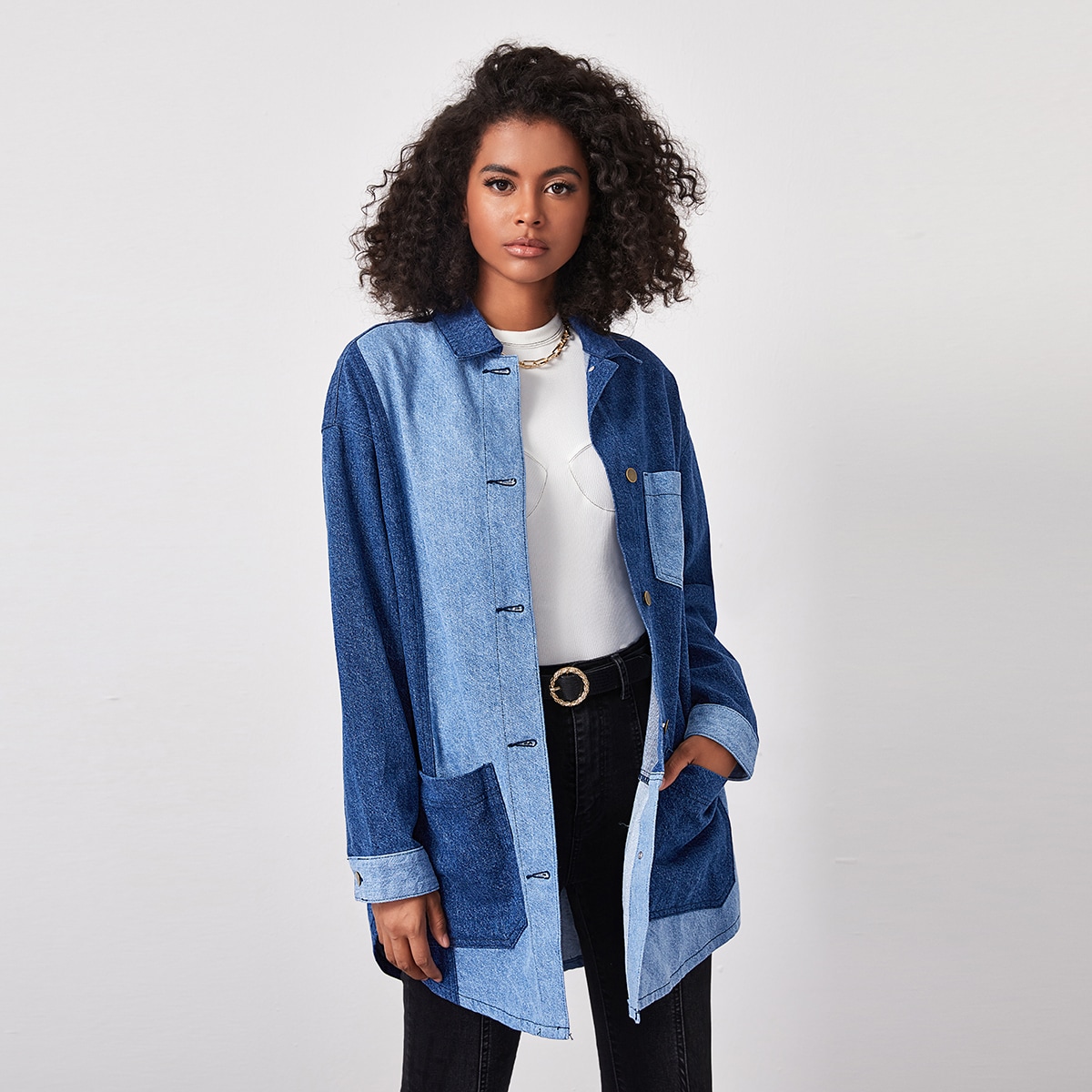 Image of Button Front Patch Pocket Colour Block Denim Jacket
