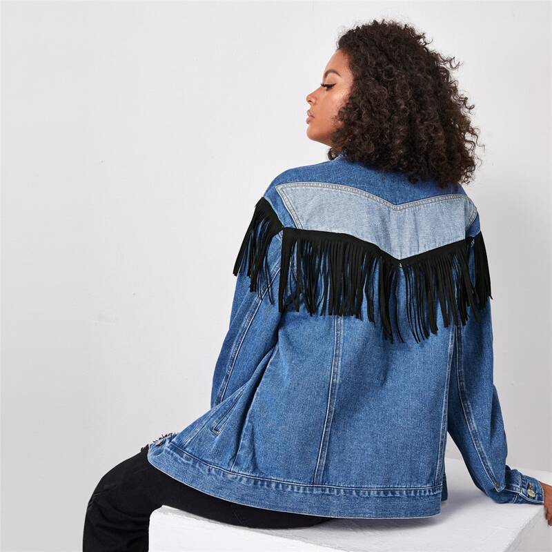 

Fringe Trim Colorblock Denim Jacket, Medium wash