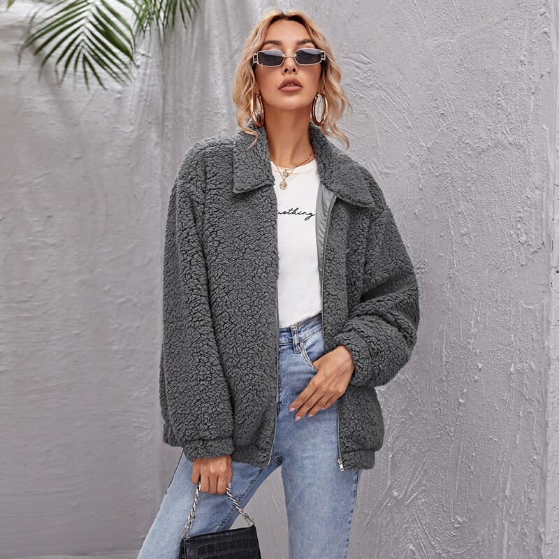 

Zip Up Pocket Side Teddy Jacket, Dark grey