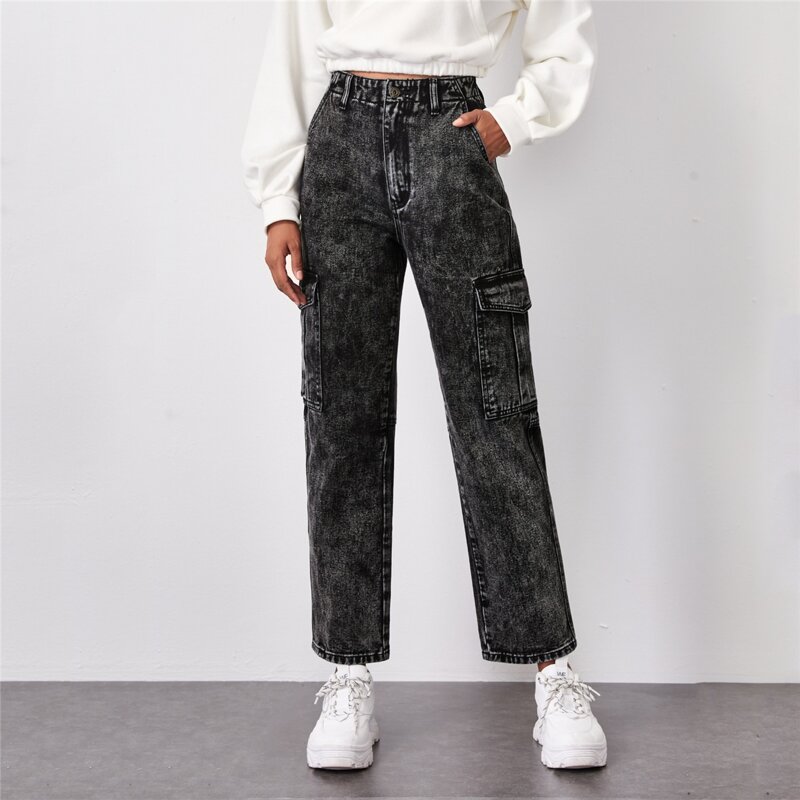 

High Waist Flap Pocket Cargo Pants, Dark grey