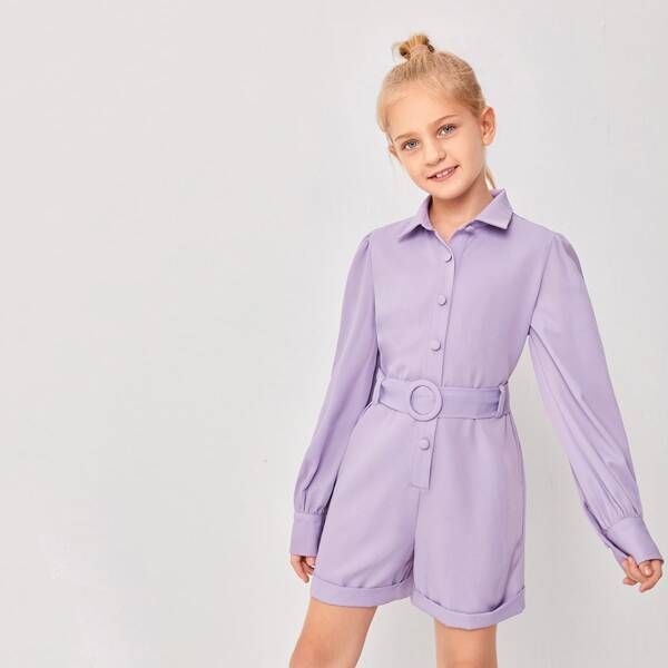 

Girls Button Front Belted Romper, Pastel lilac purple