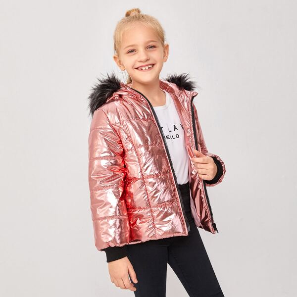 

Girls Contrast Faux Fur Hooded Zip Up Puffer Jacket, Coral pink