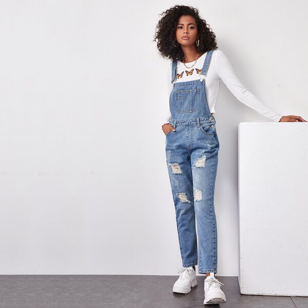 

Ripped Pocket Front Denim Overall, Light wash