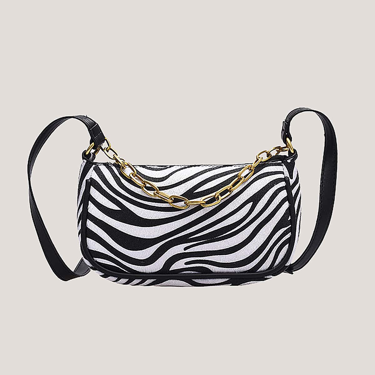 

Zebra Striped Chain Baguette Bag, Black and white