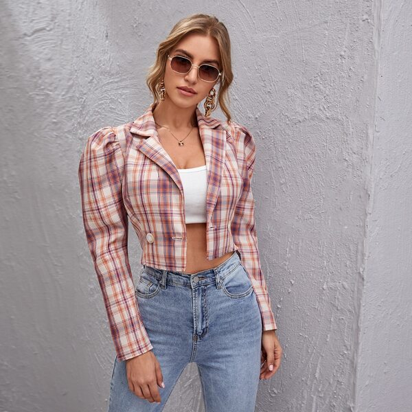 

Gigot Sleeve Double Button Tartan Crop Blazer, Multicolor