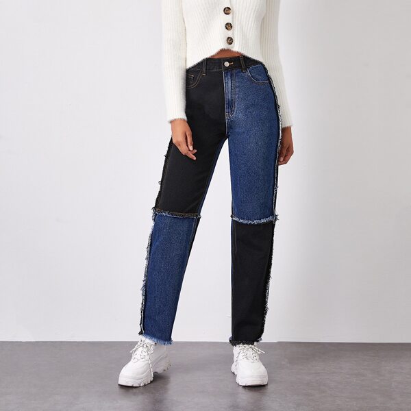 

High Waist Cut and Sew Jeans, Multicolor