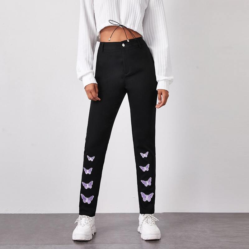 

Butterfly Embroidery High Waist Jeans, Black