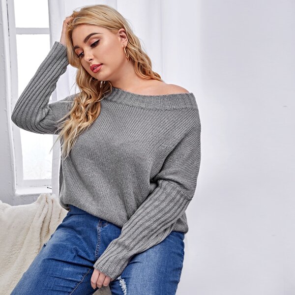 

Plus Solid Drop Shoulder Sweater, Grey