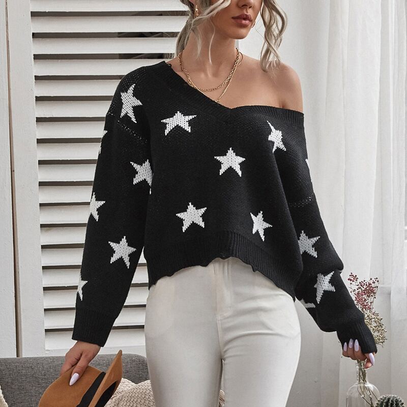 

Allover Star Print V-neck Sweater, Black