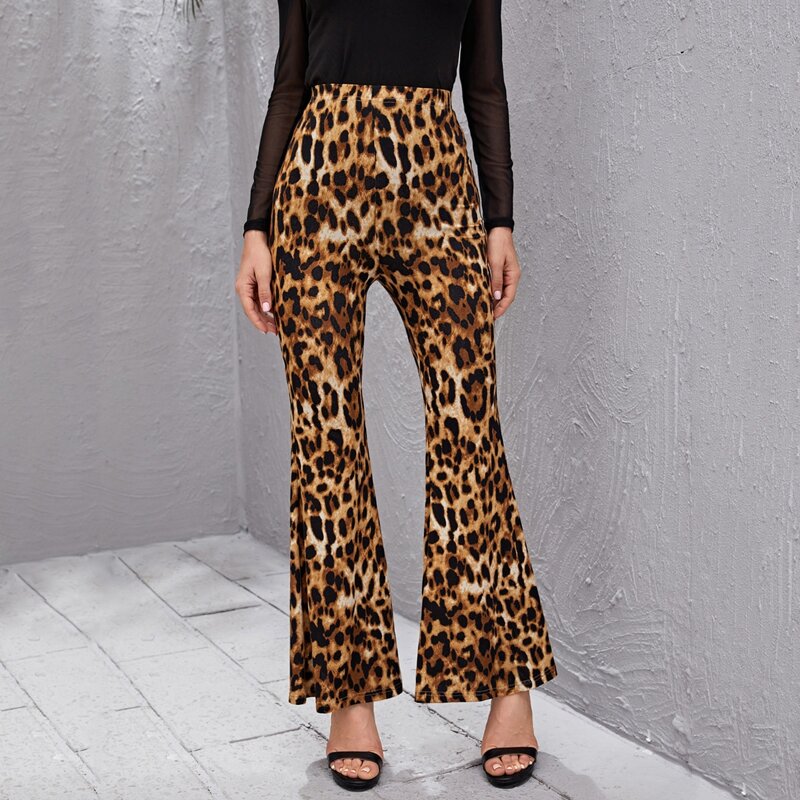 

Elastic Waist Leopard Flare Leg Pants, Multicolor