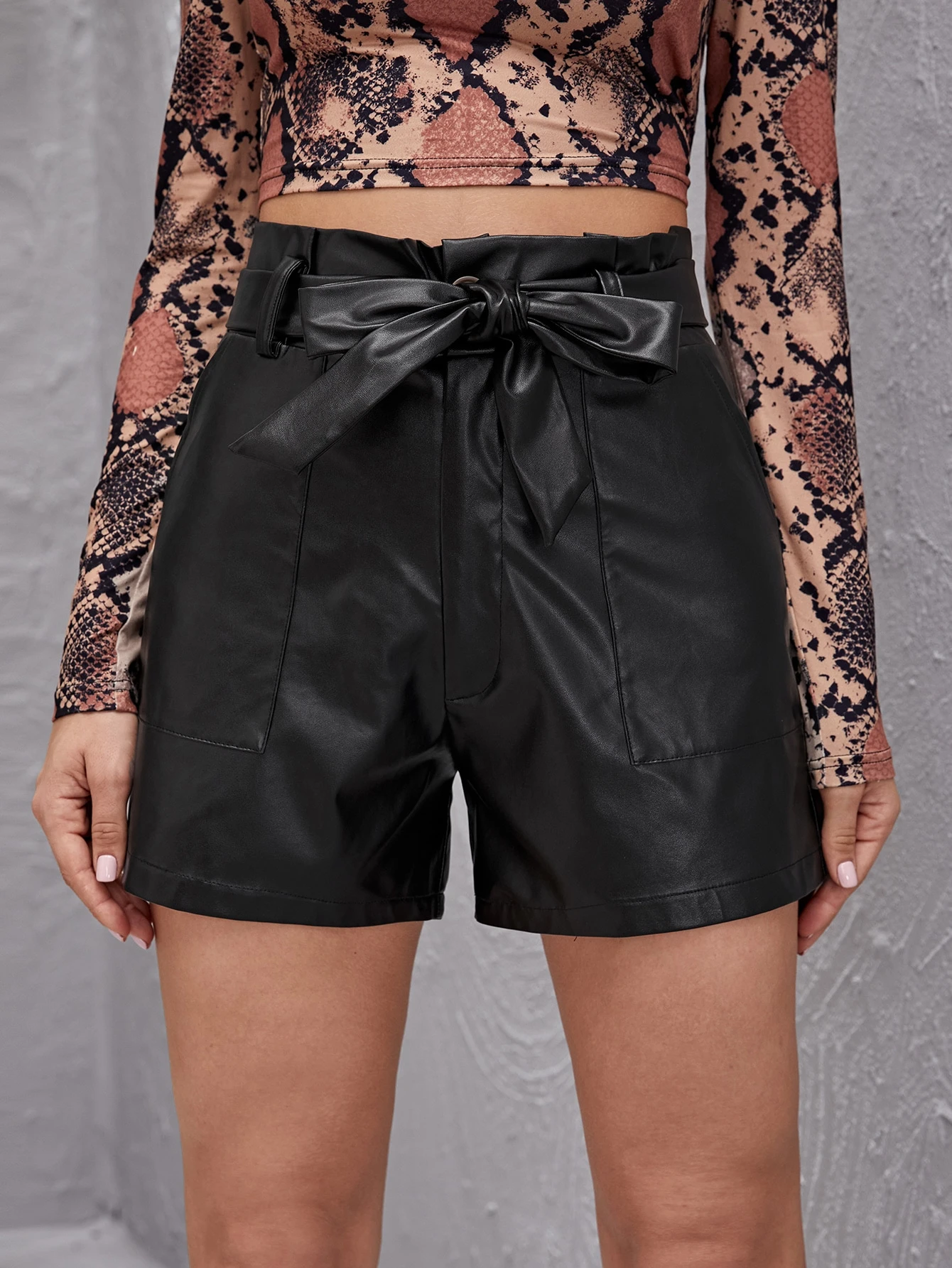leather look paper bag shorts