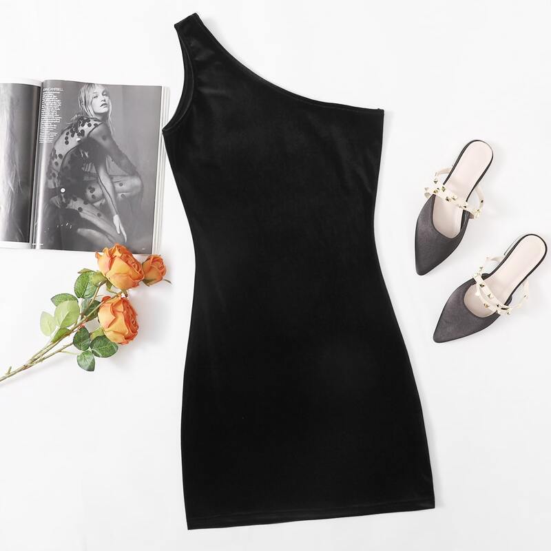

Velvet Solid One Shoulder Dress, Black