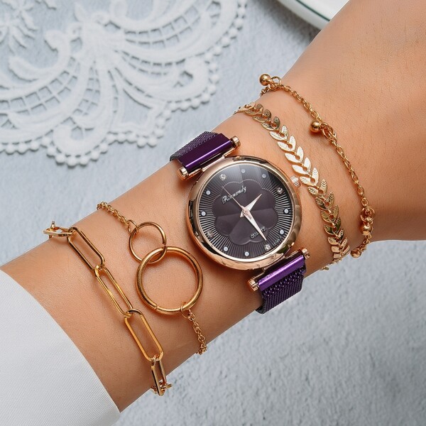 

1pc Rhinestone Decor Round Pointer Quartz Watch & 4pcs Bracelet