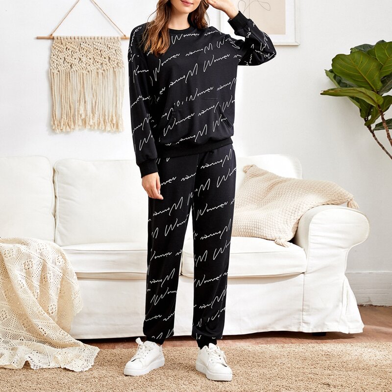 

All Over Print Drop Shoulder Pullover & Sweatpants Set, Black