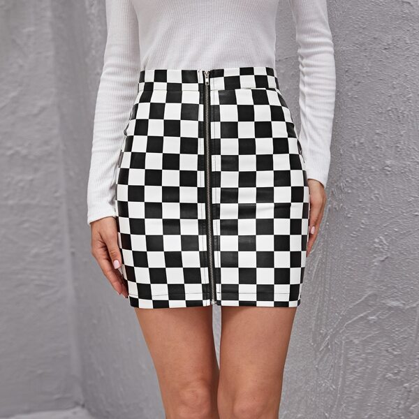 

Zip Up Gingham PU Leather Skirt, Black and white
