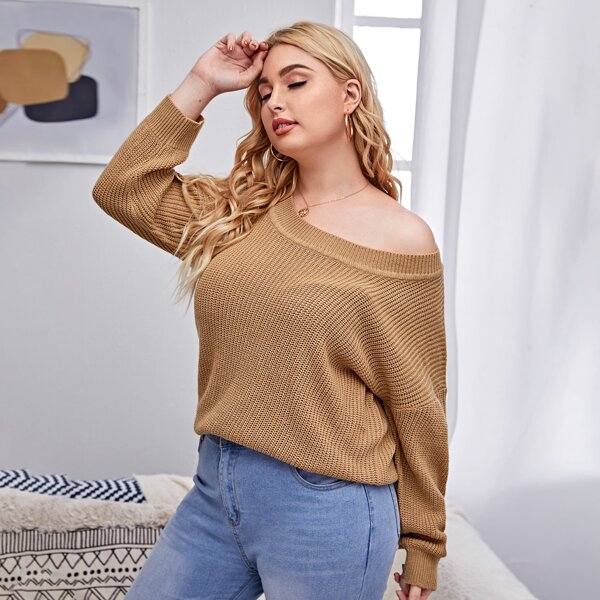 

Plus Solid Drop Shoulder Sweater, Camel