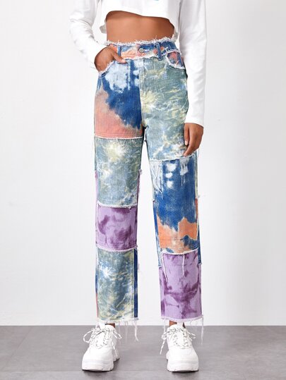 Tie Dye Spliced Raw Hem Straight Leg Jeans