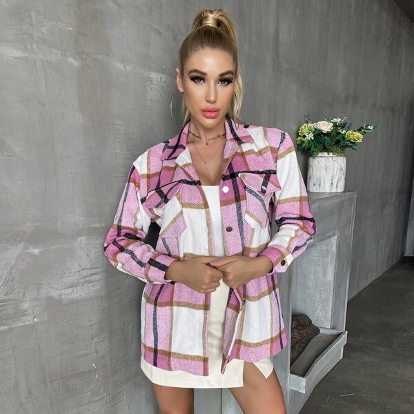 

Button Front Patch Pocket Plaid Coat, Multicolor