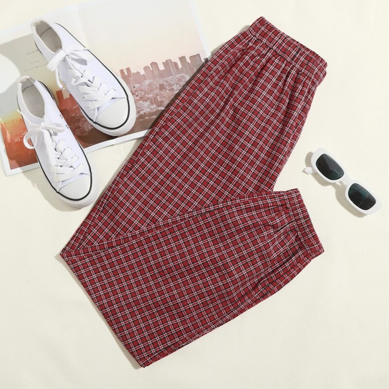 

Elastic Waist Plaid Pants, Red