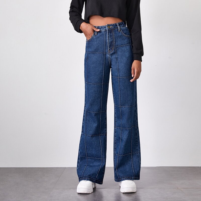 

High Waist Whip Stitch Wide Leg Jeans, Dark wash